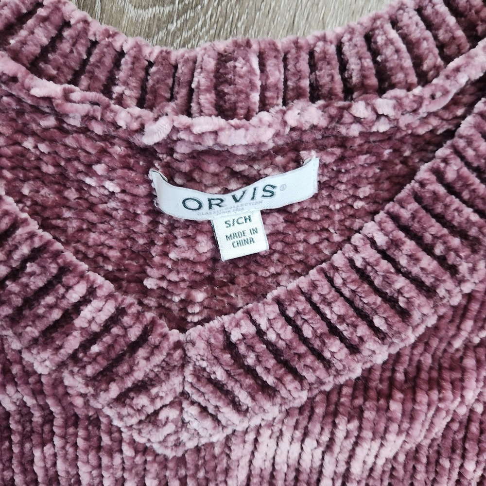 Orvis Women's Chenille V-Neck Sweater Purple Ribbed Knit Pullover Small - Picture 2 of 5